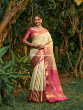 Ivory White Zari Worked With Royal Pink Color Pure Banarasi saree